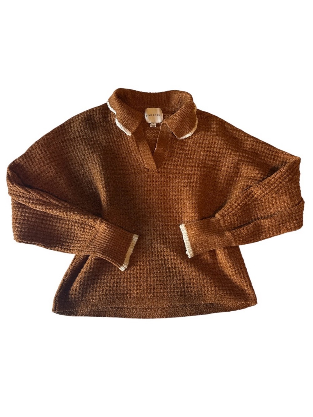 Pink Rose Rust Waffle-Knit V-Neck Polo Sweater with Cream Trim